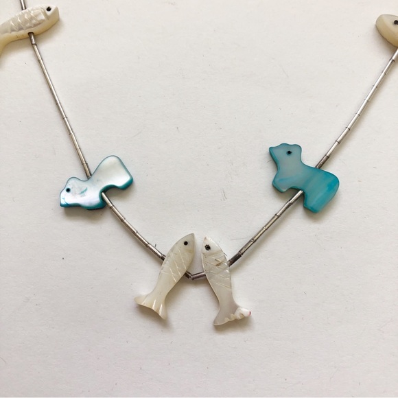 Southwestern Mother of Pearl Fish and Bear Fetish Sterling Silver Necklace - Picture 8 of 8